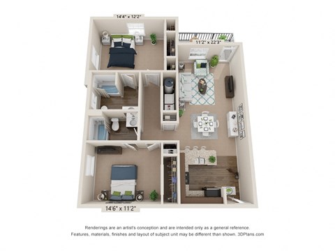 Floor plan for 2 beds, 2 baths, 1162 sqft